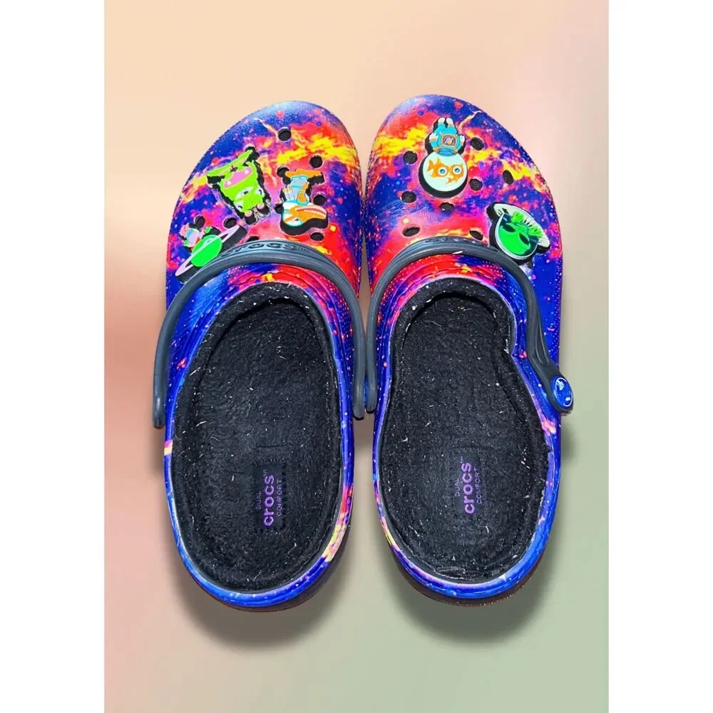 Crocs Classic Lined Galaxy Space Alien Clogs Kids J5 Blue Purple Black w Jibbitz